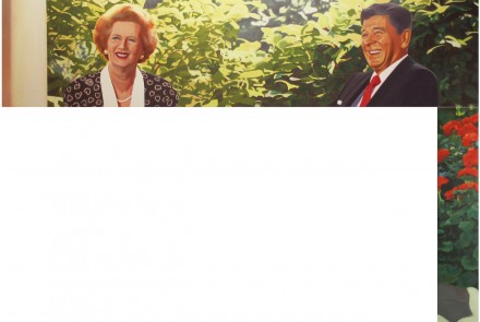 !!(Margaret Thatcher y Ronald Reagan, en la Casa Blanca en Washington), 2014. Óleo sobre tela. 45x197cm/90x17cm. Medidas totales 135x197 cm.