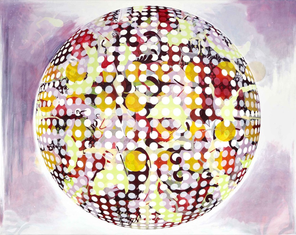 Esfera #7. Óleo, acrílico e impresión digital sobre lienzo de 2010, con un tamaño de 185 x 232 cm